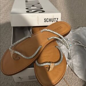 Schutz Tan and Silver Sandals with Metallic Straps